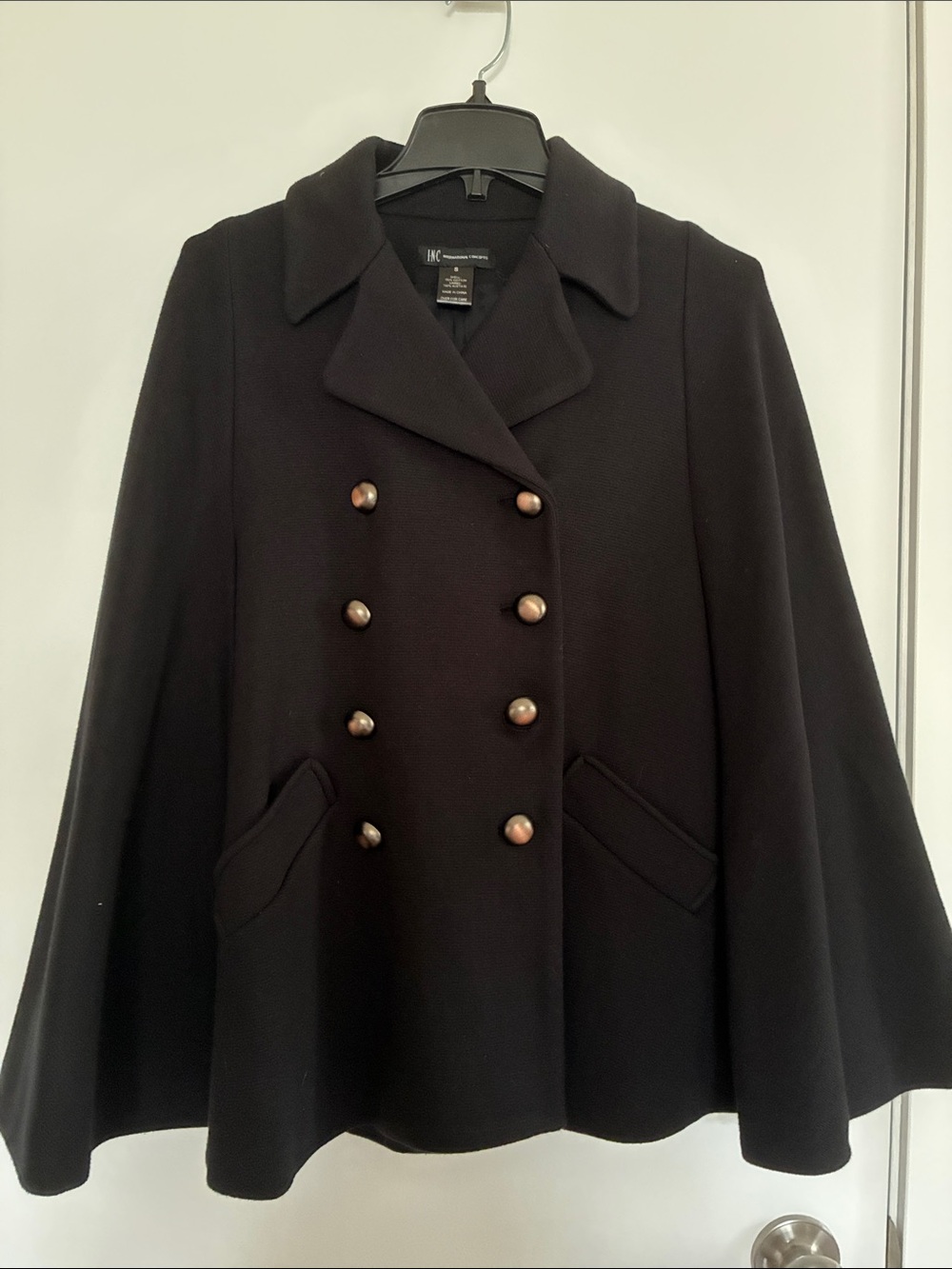 Like New INC International Concepts Black Double-Breasted Cape with Buttons